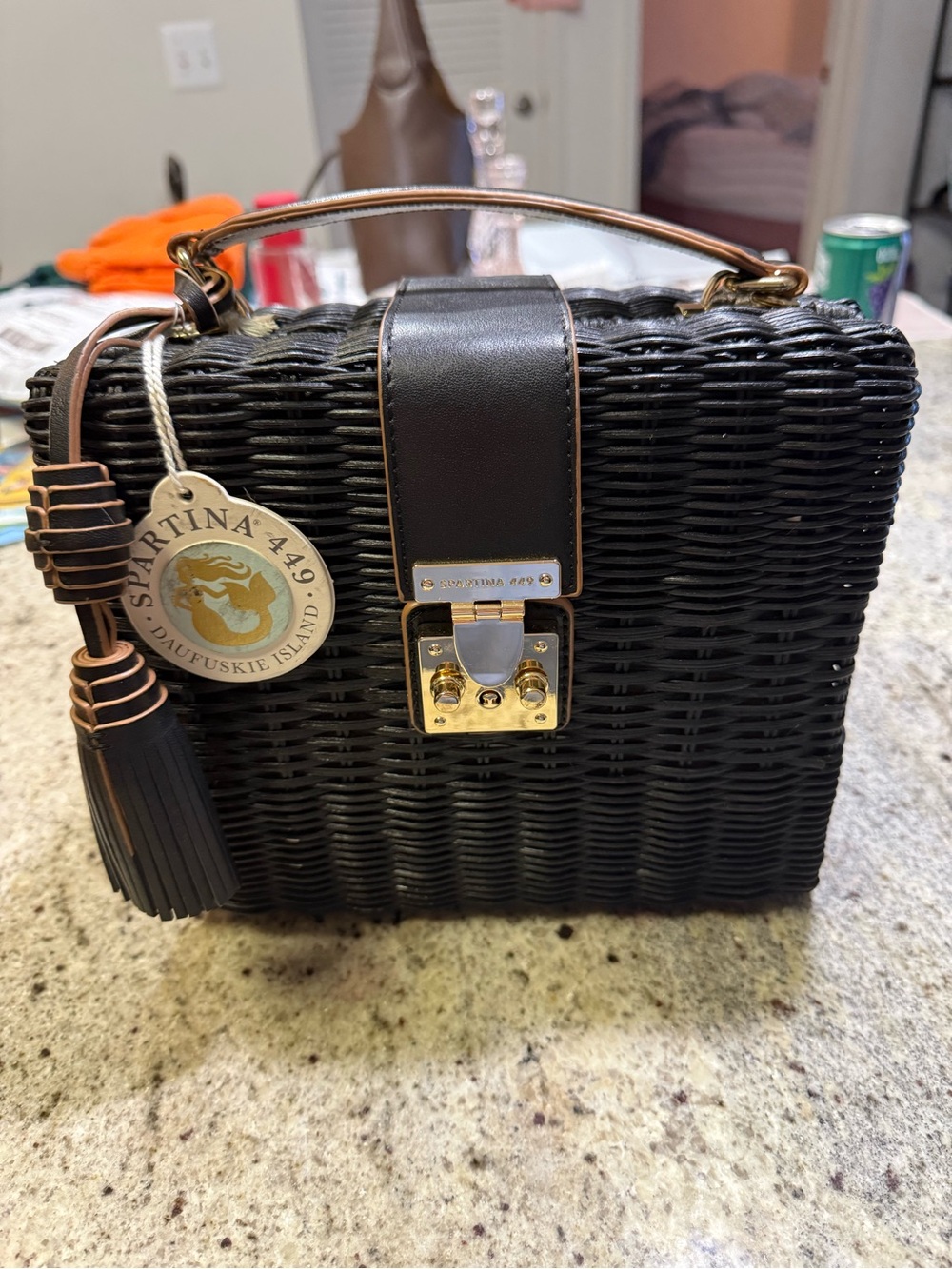 Spartina 449 Black Woven Basket Top-Handle Bag